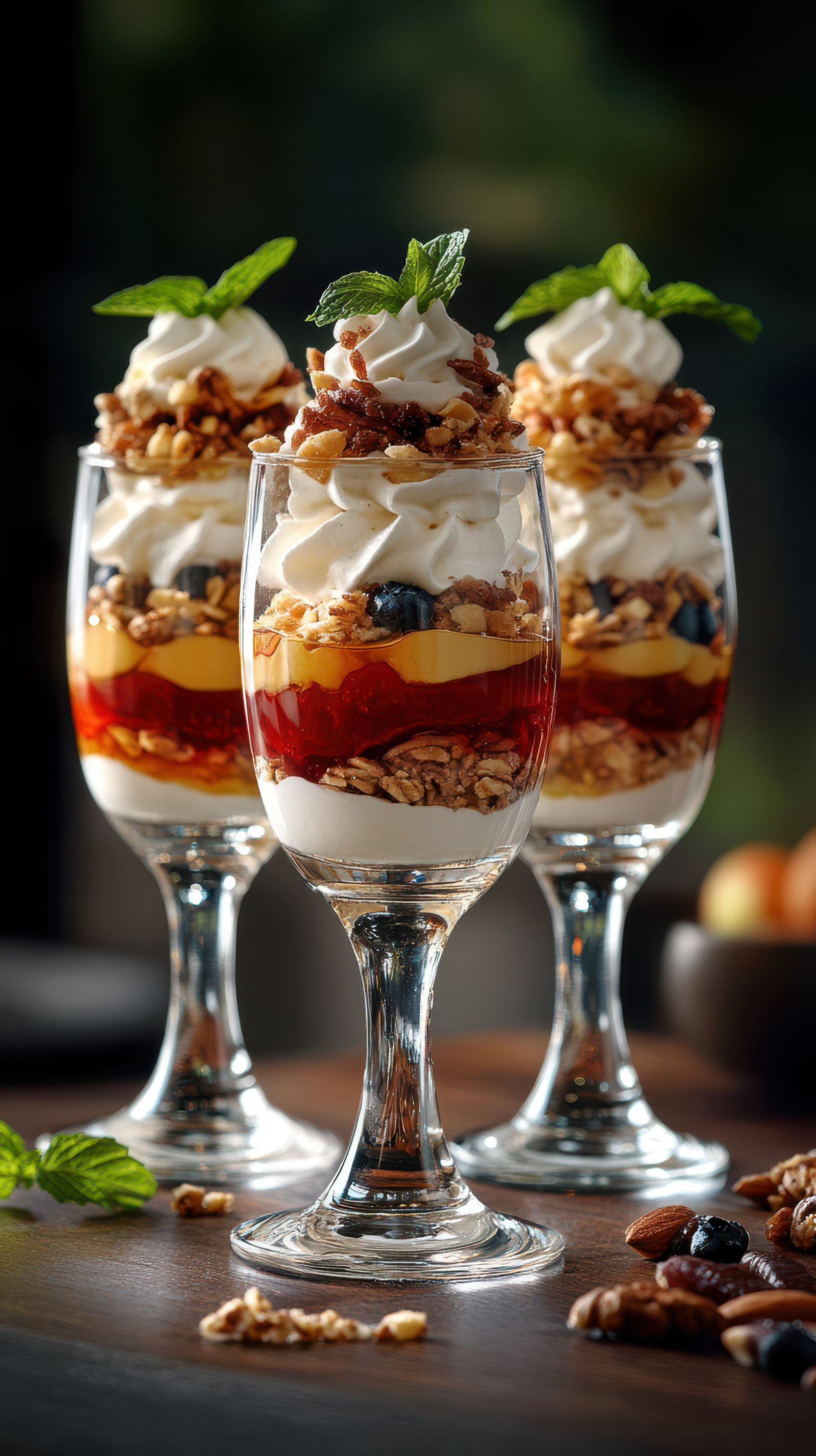 Delicious layered dessert served in elegant glasses, featuring cream, fruit, and granola garnish for a delightful treat